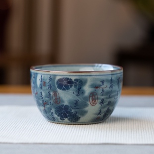 景德镇瓷器老陶泥开片墨莲说大容量卧足杯缸杯个人专用茶杯主人杯