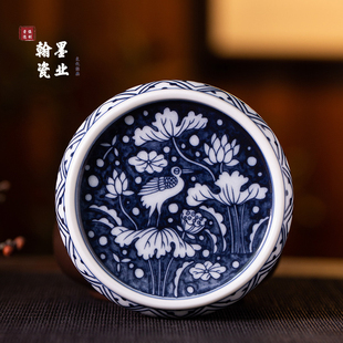 景德镇陶瓷仿古泥青花一鹭莲科盖置茶托家用复古杯垫功夫茶具配件