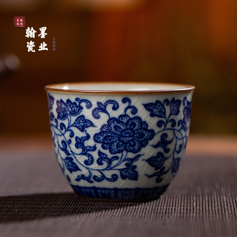 景德镇陶瓷老陶泥青花缠枝莲小客杯小容量茶杯复古家用中式会客杯