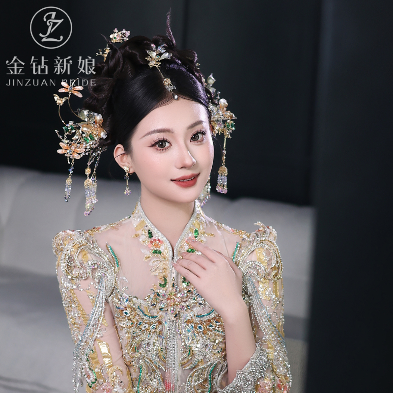 ETE金黄色秀禾头饰浅色水晶流苏发饰中式国风旗袍减龄2025高定款