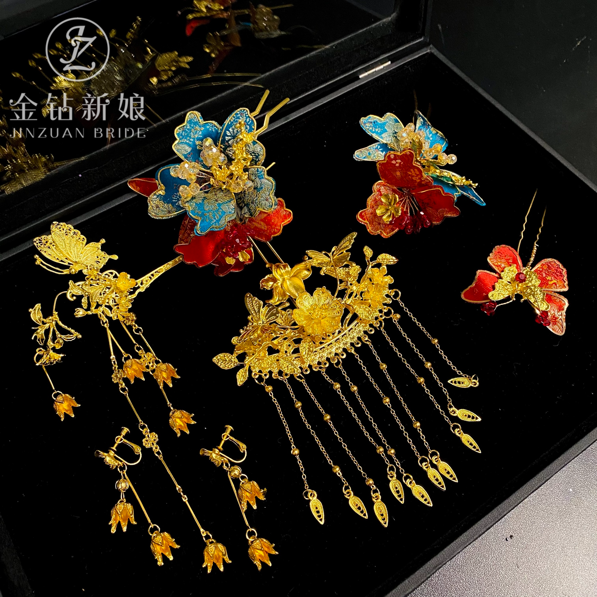 金钻新娘中式龙凤彩色提花绸头饰