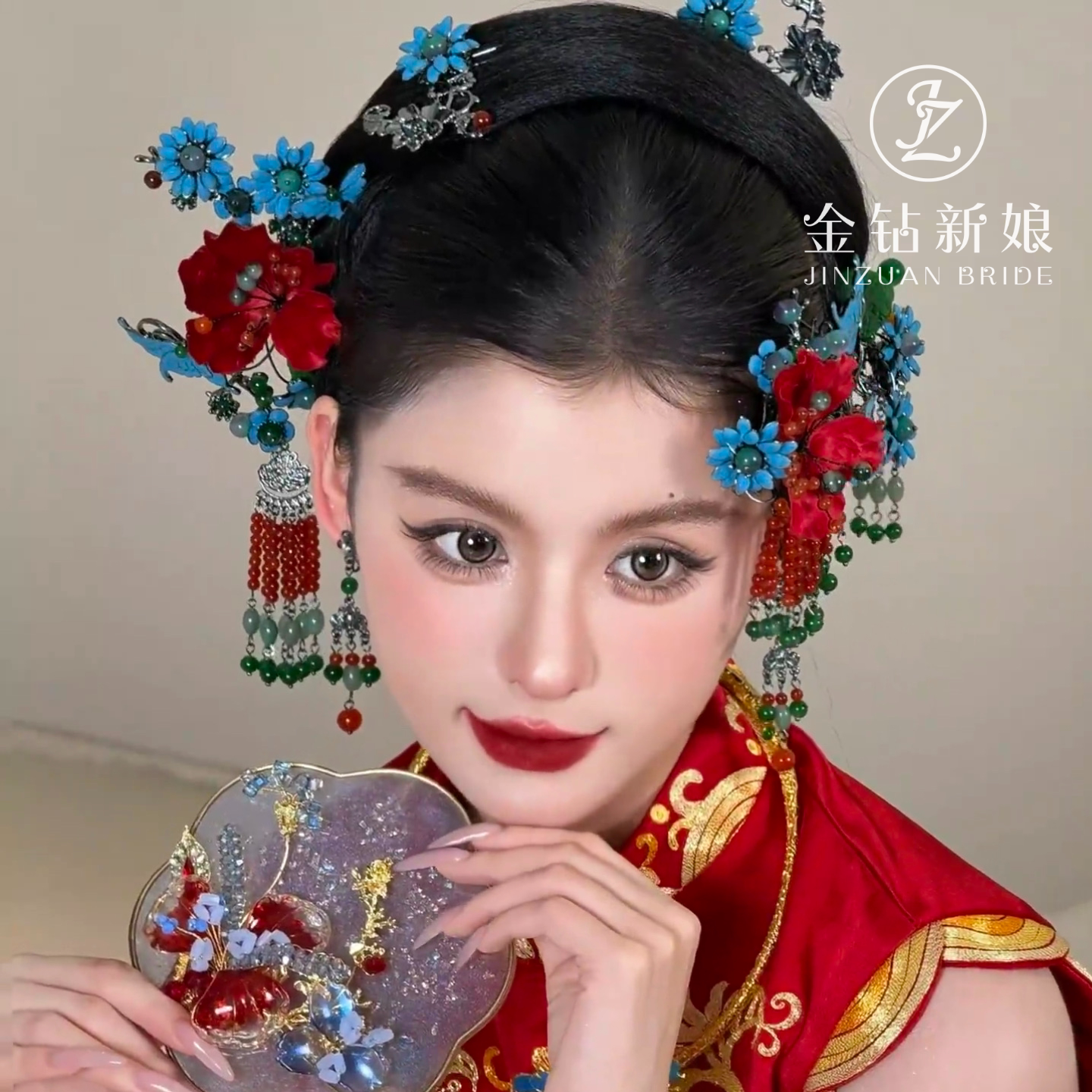 金钻新娘ETE红蓝秀禾头饰国风中式结婚晨袍小众发饰配饰2025新款
