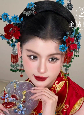 金钻新娘ETE红蓝秀禾头饰国风中式结婚晨袍小众发饰配饰2025新款