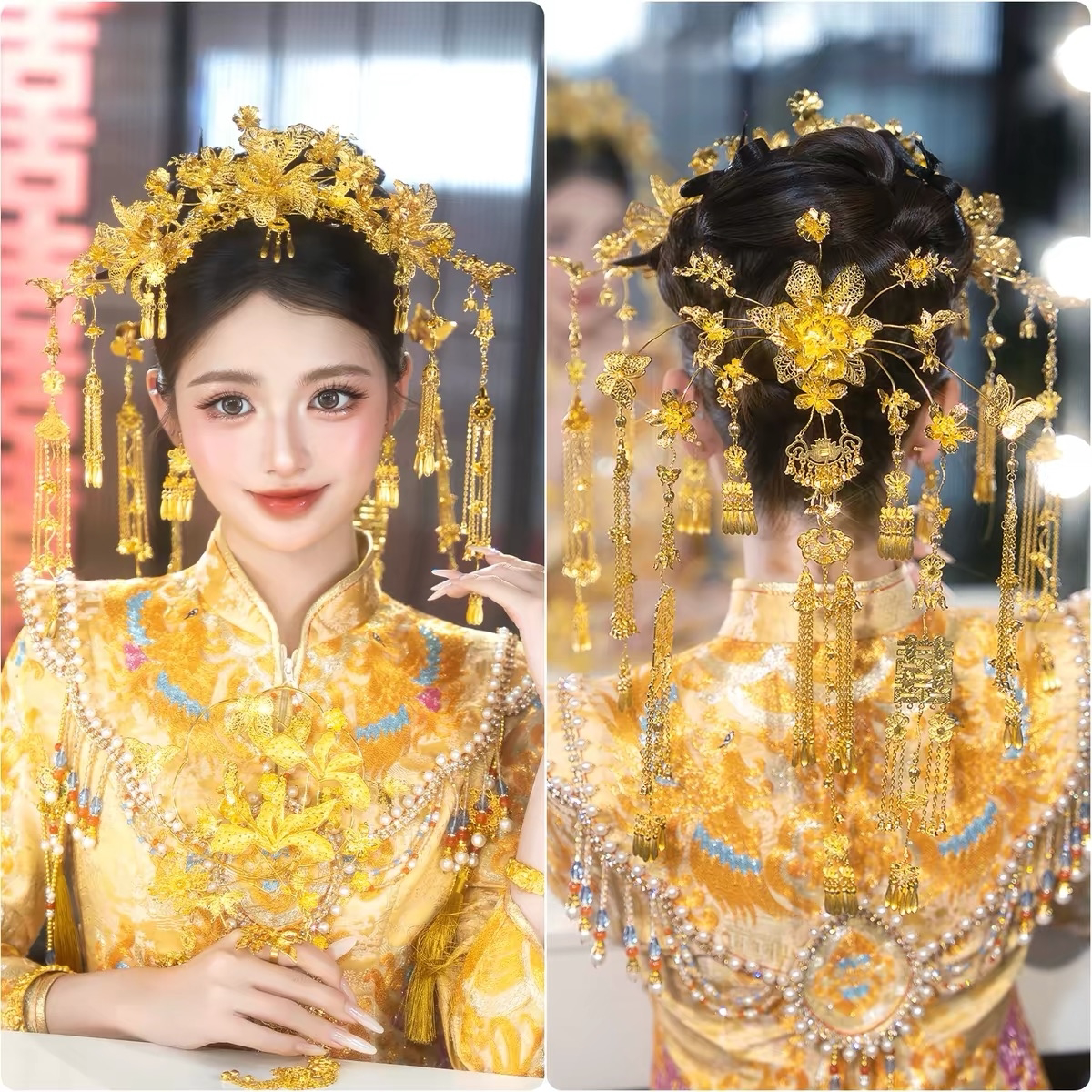 2026新款中式新娘头饰金色花丝镂空流苏发冠龙凤褂秀禾服结婚配饰