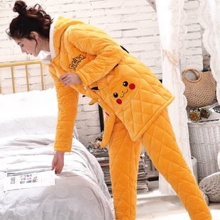 皮卡丘睡衣女冬三层加厚加绒珊瑚绒中长款夹棉袄法兰绒家居服套装