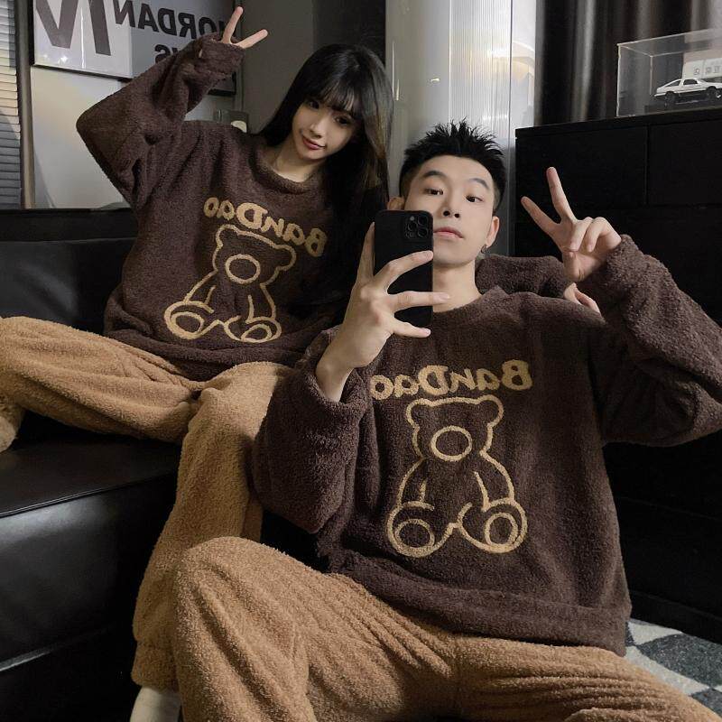 2套价 情侣睡衣珊瑚绒加肥加大码男女士半边绒保暖圆领家居服套装