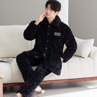 男士冬季睡衣2024新款珊瑚绒夹棉加肥加大保暖中老年家居服套装冬