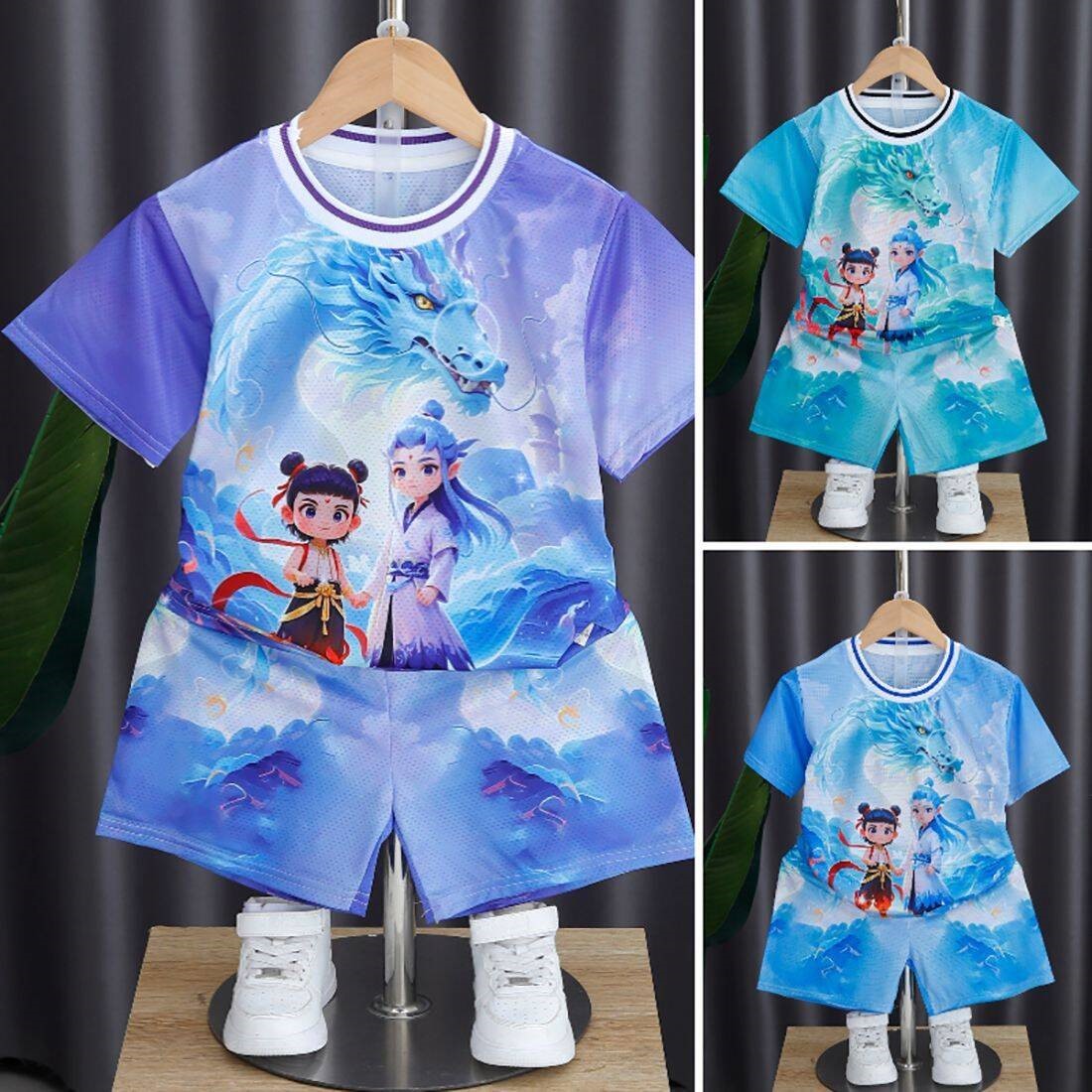 哪吒男童套装衣服夏季儿童发光夏装运动短袖中小童速干洋气两件套