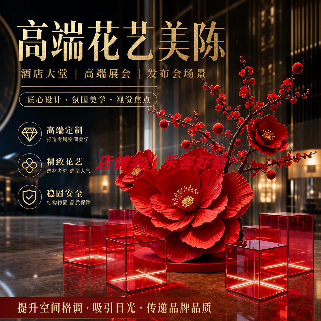 高端花艺美陈红色花卉装饰新年春节酒店大堂展厅商场活动布置道具