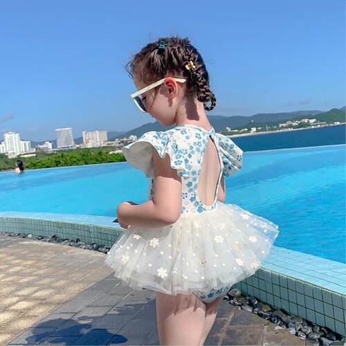 (现货)儿童公主连体游泳服韩国碎花小清新纱纱蓬裙泳衣甜美夏装