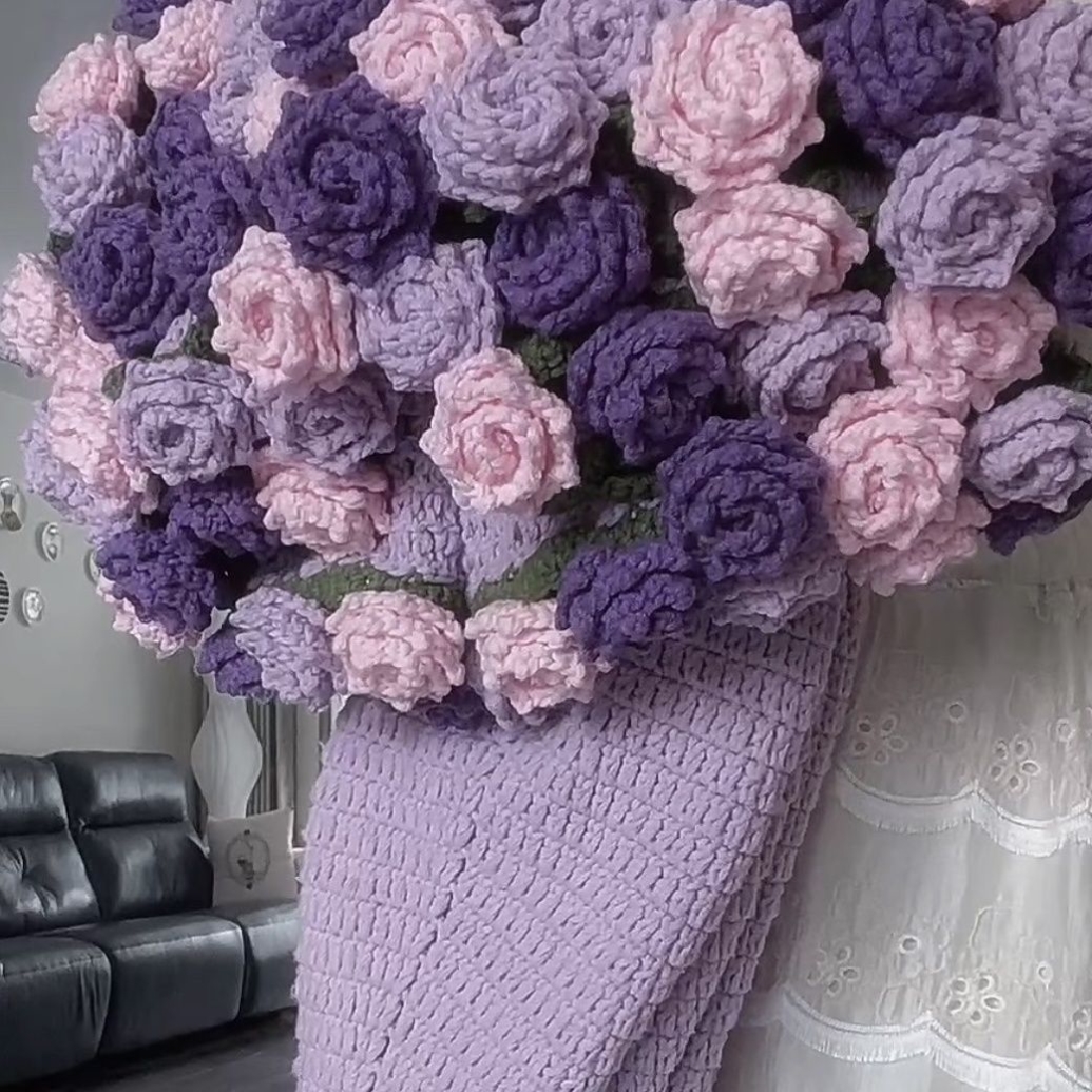 渐变手工编织尖角玫瑰花铃兰毯子花束diy材料礼物毛线钩织毛毯