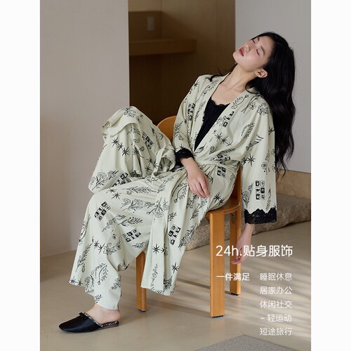 博饰屋纯棉女款睡袍三件套抗菌