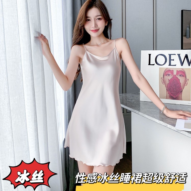 2023性感裙子春夏冰丝连衣裙吊带裙居家服大红色网红睡衣