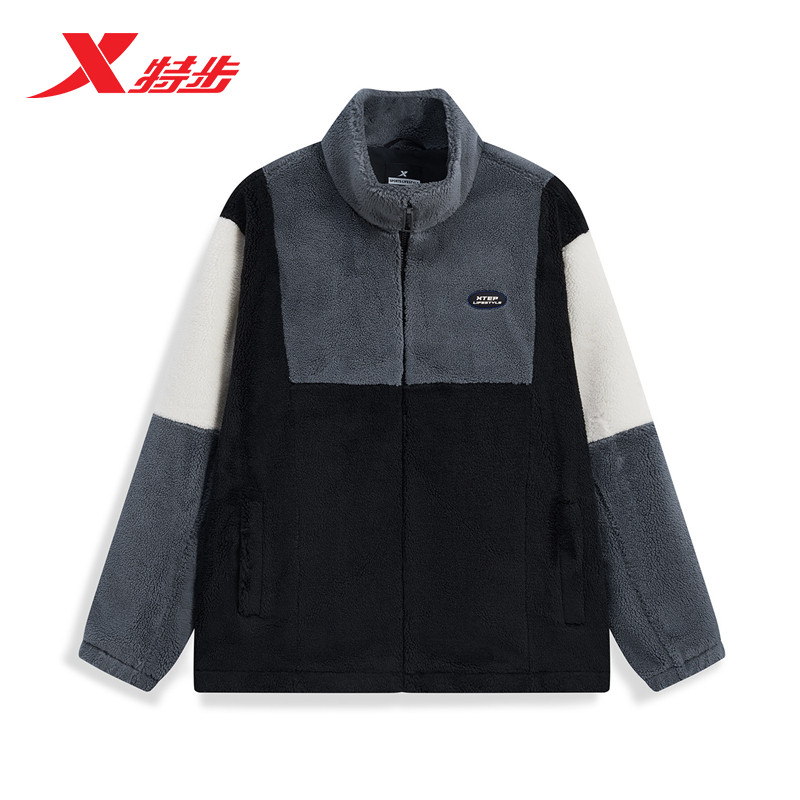 特步羊羔绒外套男2023秋冬新款立领撞色保暖棉服上衣977429060299