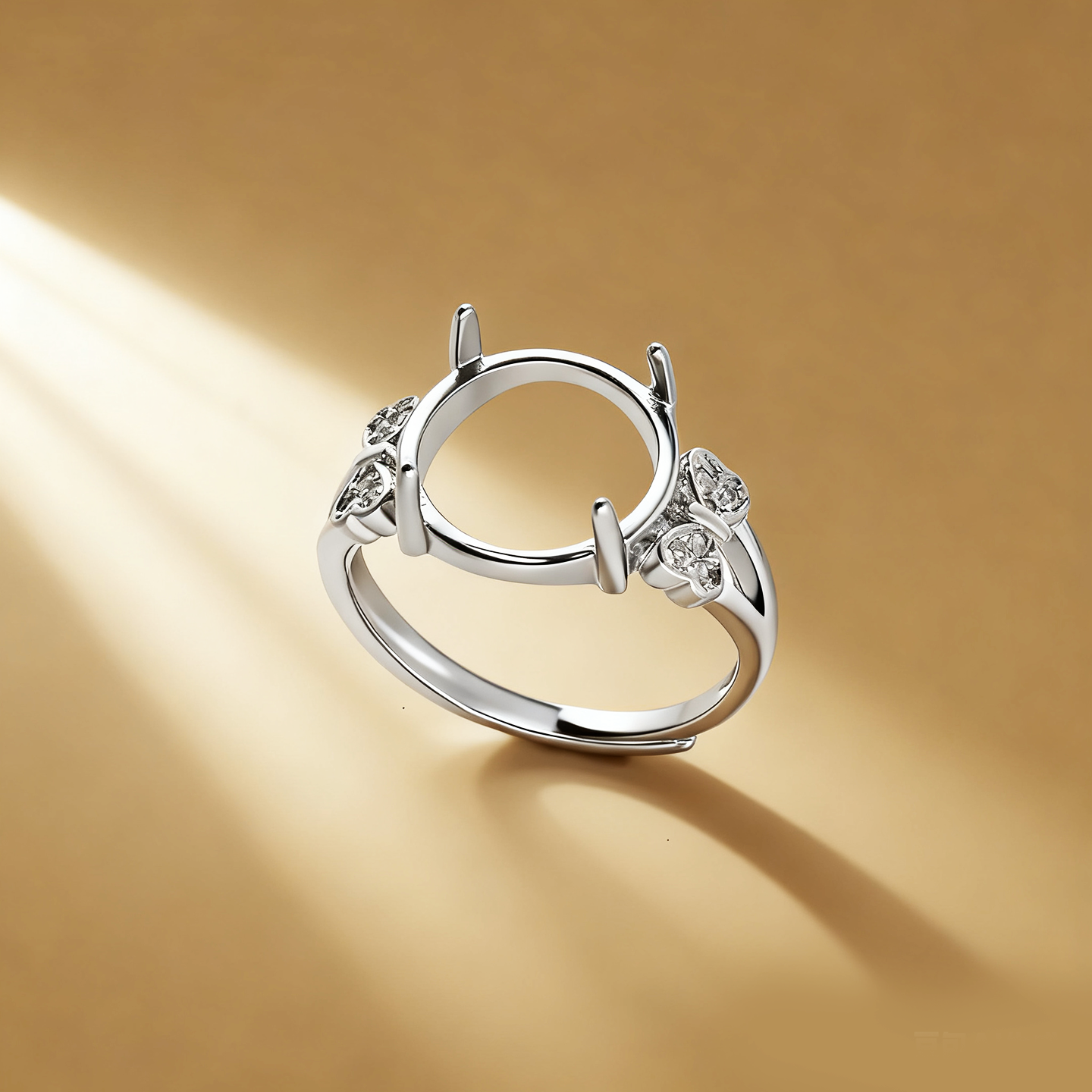 四爪女款铜戒指空托爱心再造型镶嵌翡翠蜜蜡正圆形戒面戒托11*11