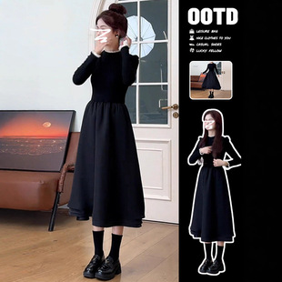 法式小个子黑色连衣裙女2025新款秋冬季高级感赫本风内搭长裙早秋