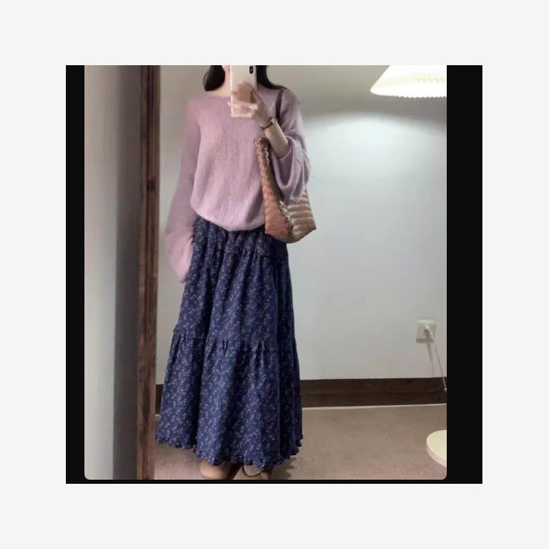 韩系温柔穿搭一整套女2025秋冬针织开衫毛衣碎花半身裙两件套装女
