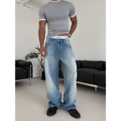 致敬蓝牛 浅蓝色竹节棉直筒伐木工装 牛仔长裤 weave 宽松休闲经典