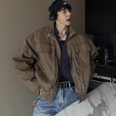 立领廓形多口袋工装夹克棕咖色