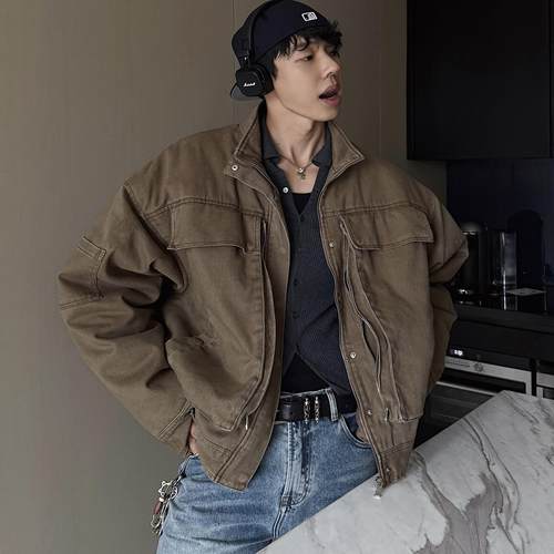 立领廓形多口袋工装夹克棕咖色