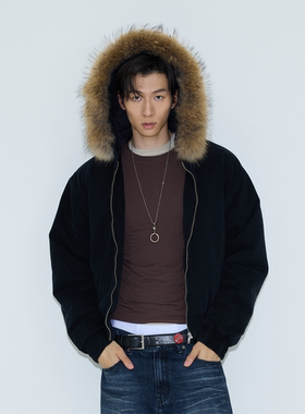 weave 街拍风向标 可拆卸黑色连帽真毛领棉服外套宽松水洗夹克