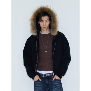 可拆卸黑色连帽真毛领棉服外套宽松水洗夹克 weave 现货