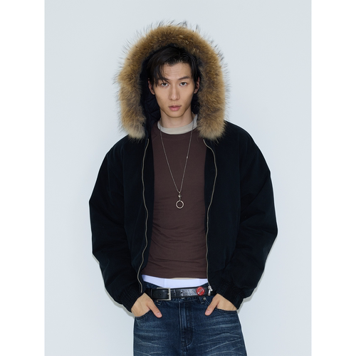 可拆卸黑色连帽真毛领外套