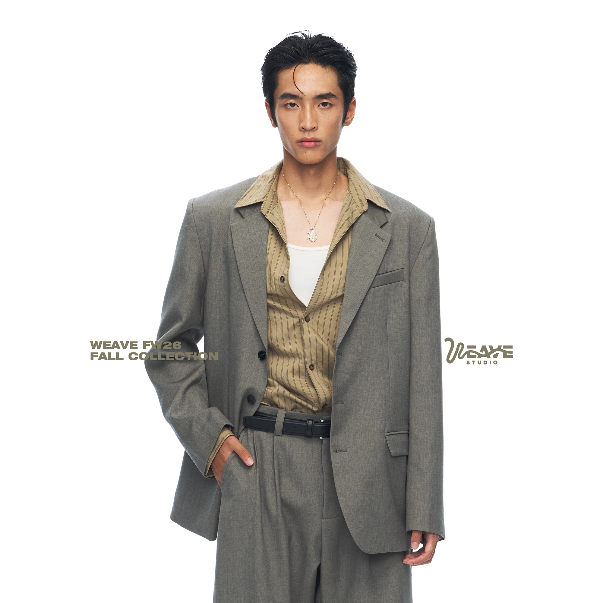 weave 绿色羊毛混纺廓形西装外套复古单排扣抗皱西服长裤休闲套装