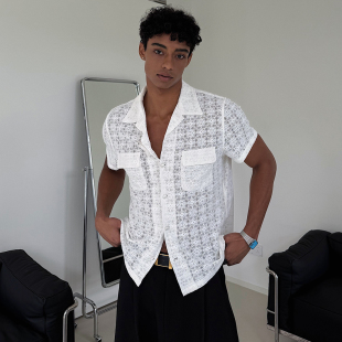 白色蕾丝古巴领春夏性感度假老钱肌理感工装 weave 衬衫 现货