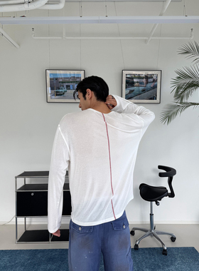 weave 悠闲假期 白色/军绿宽松圆领透气天丝针织轻盈长袖上衣T恤