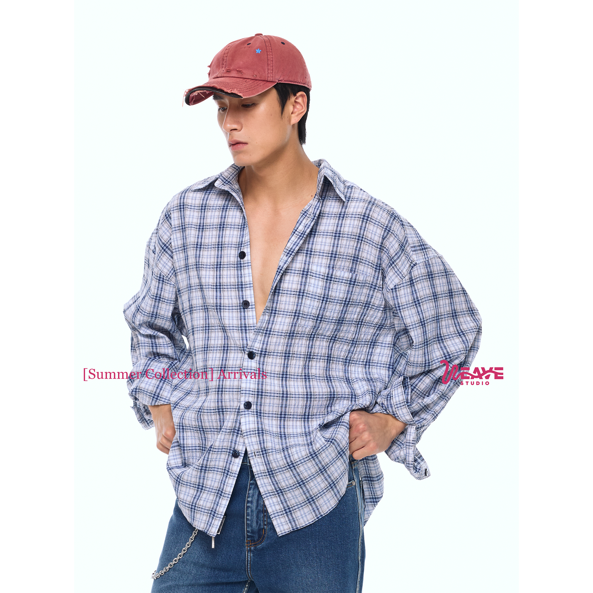 weave 薄款复古蓝白格子衬衫男女夏季松弛叠穿长袖防晒上衣