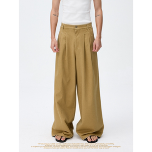 休闲 复古浅咖纯棉宽松老钱松紧腰阔腿百搭长裤 weave 度假神裤
