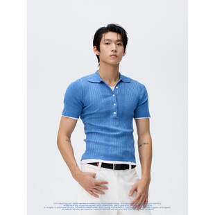 亲肤冰感短袖 weave 针织T恤复古修身 蓝白miu系短款 polo 早春智感