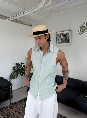 weave 风格自定义 肌理感绿色条纹无袖衬衫夏修身薄款复古上衣