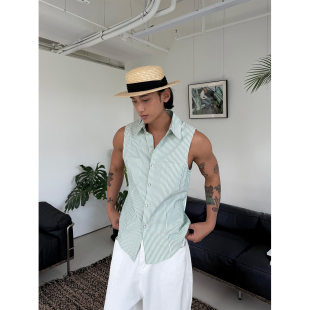 肌理感绿色条纹无袖 weave 衬衫 夏修身 复古上衣 薄款 现货
