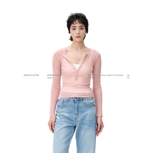 尽显时髦氛围 weave 深V打底 肉粉色修身 polo 显瘦长袖 现货