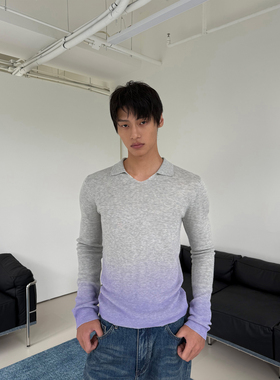 【现货】weave 浅灰色漂染紫色V领针织衫亲肤修身轻薄长袖上衣秋