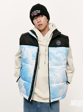 【特价清仓】RAVENOUS蓝天白云拼接羽绒马甲男女宽松无袖羽绒服