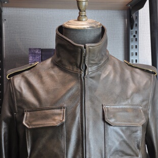 复古茶芯牛皮M65猎装工装头层真皮皮衣男做旧翻领怀旧皮夹克外套