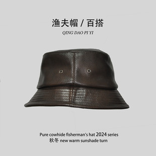 真牛皮贝雷帽新款 春秋男女真皮渔夫帽遮阳帽潮流搭配情侣嘻哈帽子