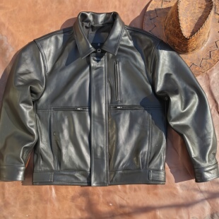 复古男女短款工装皮夹克 雅痞微阔廓版真皮外套 无涂厚软牛皮皮衣