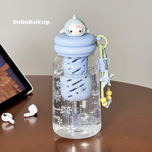 雪花水杯女生高颜值吸管学生塑料耐高温食品级便携tritan杯子kt猫
