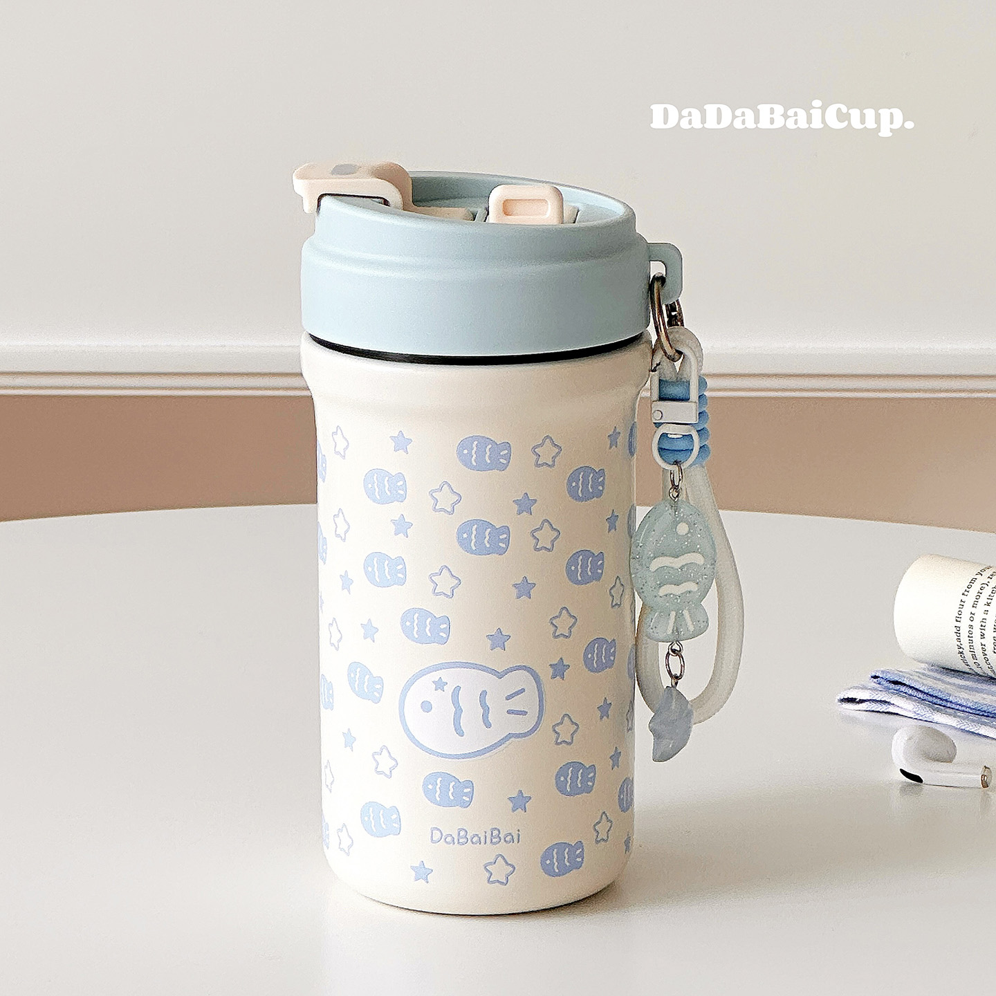 双饮水杯保温杯女生高颜值2025新款学生茶水分离吸管杯子星星蓝鱼