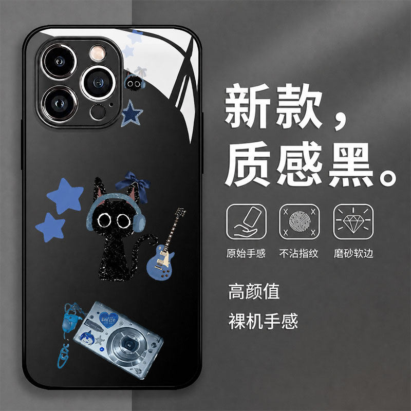 凤凤耳机黑猫黑色适用苹果17promax手机壳玻璃壳iPhone16pro新款15Plusins风全包15牛仔14拼贴13小众12音乐11