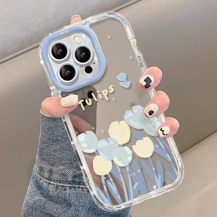 凤凤适用苹果16pro手机壳新女款15promax郁金香iPhone14plus透明奶油壳13镜面8/7p创意防摔xr硅胶12/11高级感