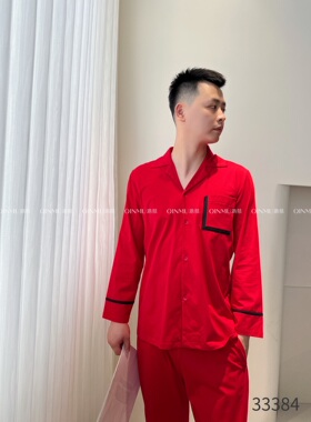 男士纯棉睡衣春秋长袖简约红色休闲宽松舒适全棉家居服套装33384