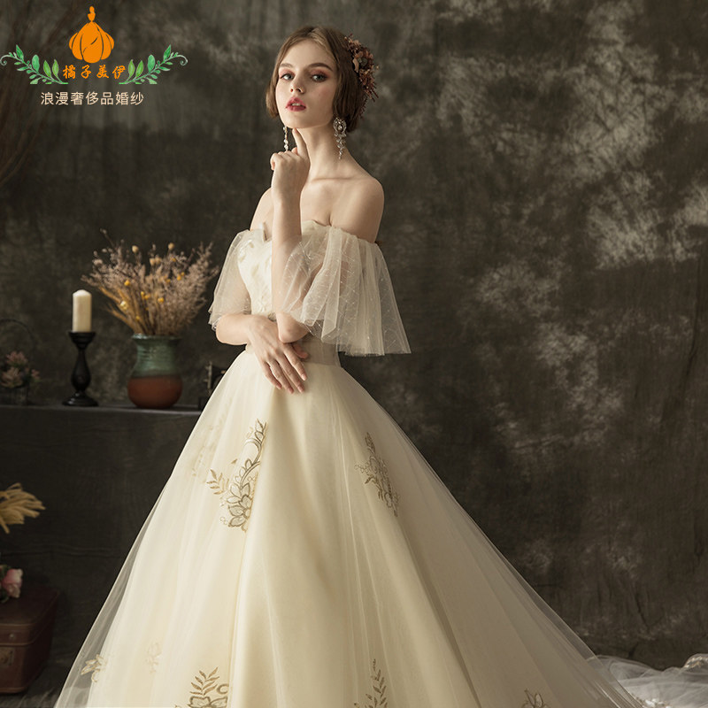 橘子美伊婚纱2019新款浅香槟显瘦一字肩长拖尾梦幻喇叭袖新娘婚纱|ruв категории Женская одежда, Cвадебные платья, свадебное платье - от Buy2taobao.com для оказания профессиональной услуги покупки агента Taobao