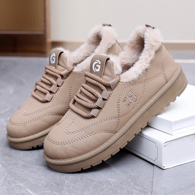 2025女冬季新款加绒皮面防水妈妈休闲运动鞋厚底一脚蹬防滑棉靴