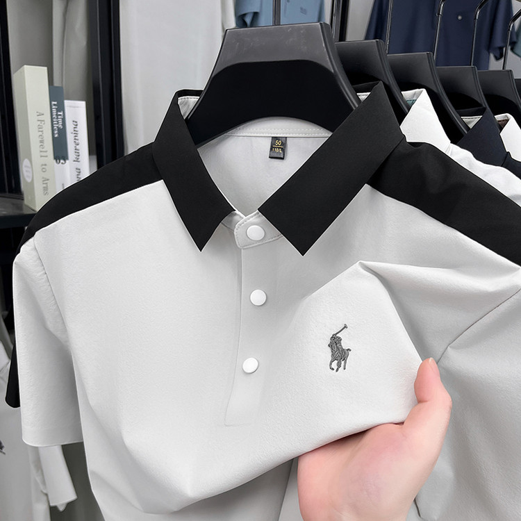 夏季新款锦安男士polo衫马标短袖T恤男士翻领拼接冰丝中年T恤衫潮