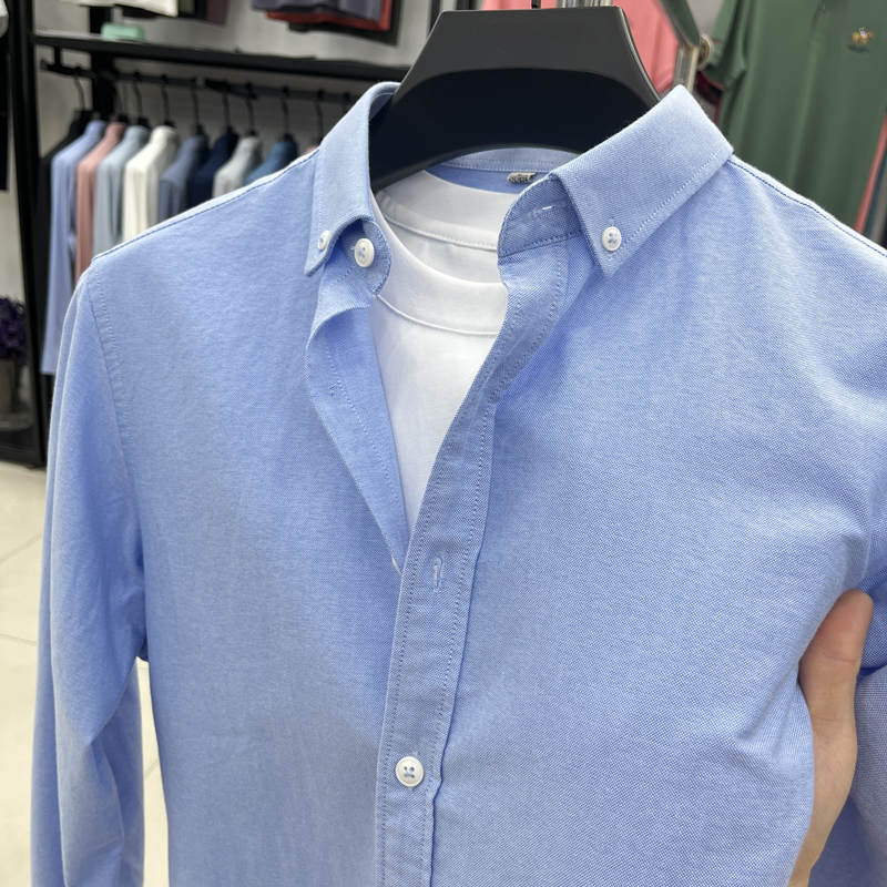 牛津纺长袖衬衫男士高端100%纯棉商务休闲纯色春秋季经典百搭衬衣